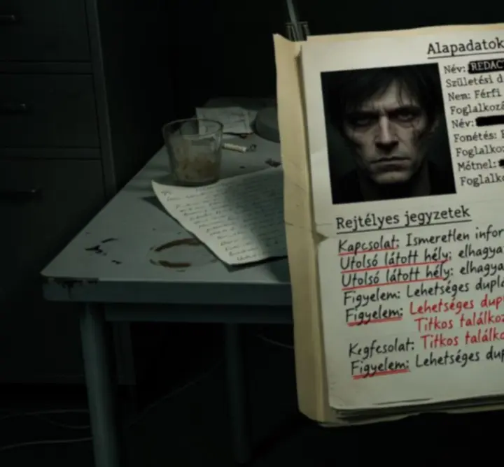 Sötét, digitális rendőrségi profil felület egy Duskwood karakter nyomozói dossziéjával.