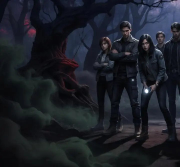 A Duskwood főszereplői sötét, erdős háttér előtt.
