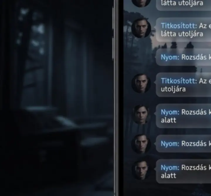 Duskwood-szerű telefonos chat felület sötét, nyomozati stílusban